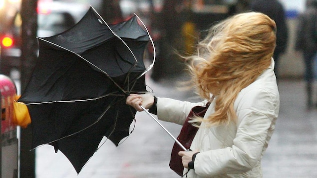Une femme aux cheveux emportés par le vent a du mal à tenir son parapluie.