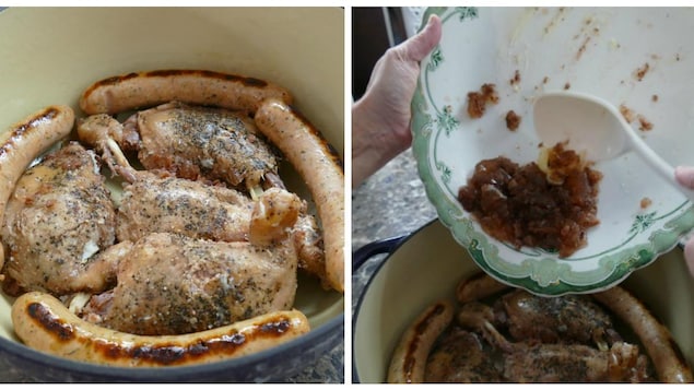 Dans un chaudron le canard et la saucisse pour le cassoulet Dans un chaudron le canard et la saucisse pour le cassoulet
