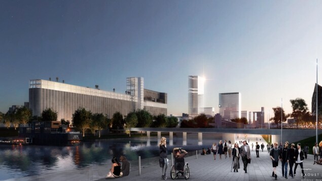Image du plan de revitalisation du Vieux-Port de Montréal, où l'on voit le silo no 5, un pont y menant et une promenade rapprochée de l'eau.