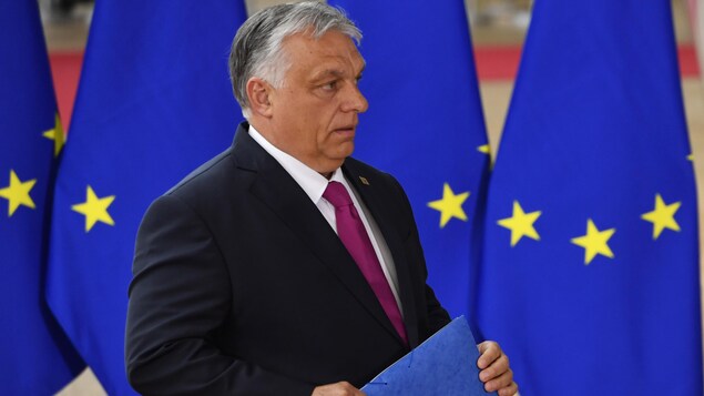 Viktor Orban, debout, devant des drapeaux de l'Union européenne. 