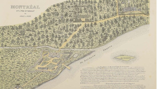 Le fort Ville-Marie, la résidence de Maisonneuve et l'Hôtel-Dieu apparaissent sur cette carte de Montréal de 1645 à 1650.