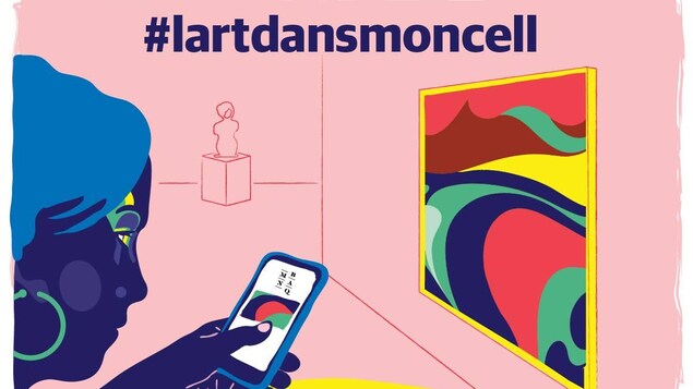 Une illusatration d'une jeune femme, cell à la main, qui regarde une toile dans un musée
