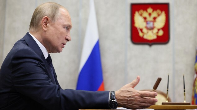 Vue de profil de Vladimir Poutine, avec en arrière-plan les armoiries de la Russie.
