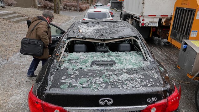 Une voiture écrasée par une branche d'arbre. Une voiture écrasée par une branche d'arbre.
