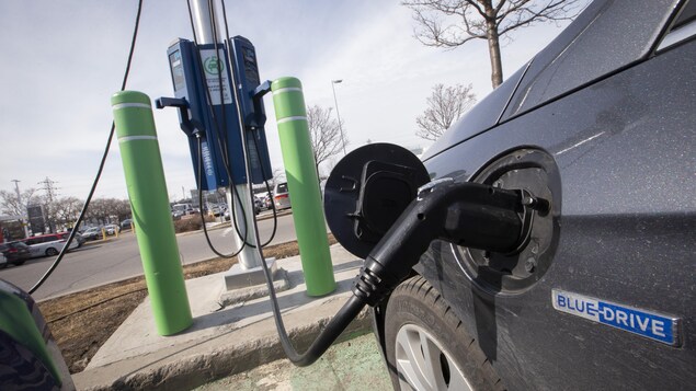 Une voiture électrique à une borne de recharge.