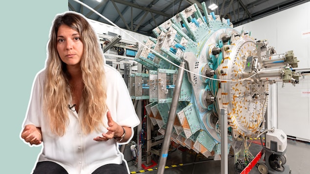 Montage photo avec la journaliste Chloé Dioré De Périgny devant un engin de General Fusion à Vancouver, 2025.