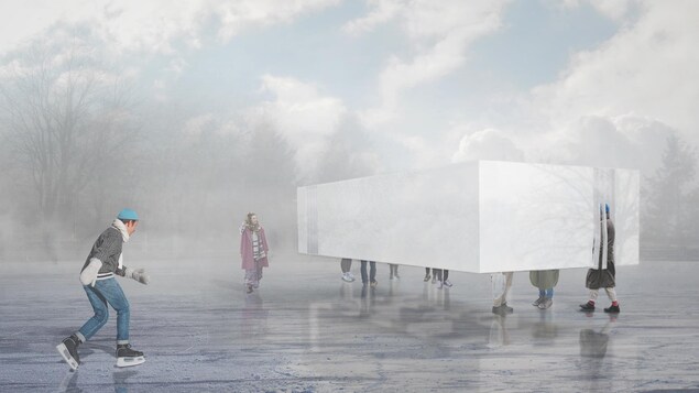 Image du concept de Hoverbox, une boite qui semble léviter sur la glace. Image du concept de Hoverbox, une boite qui semble léviter sur la glace.