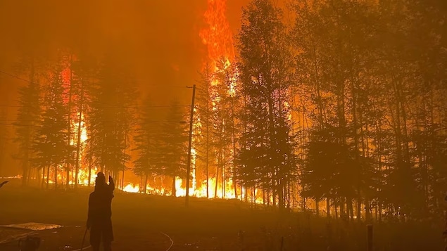 Un homme tente de freiner le feu autour de lui.