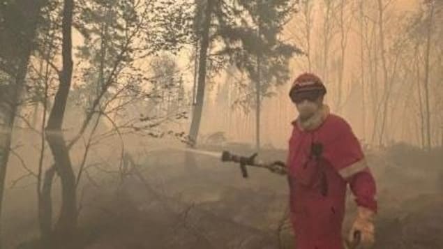 A wildfire fighter hoses down a smoke-enveloped forested area.