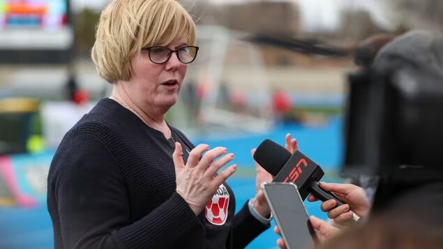 Canada's Minister of Sport and Physical Activity, Carla Qualtrough, speaks at Canada's practice session at the Women's World Cup in Melbourne, Australia, on July 30. Today, she revealed plans to announce a 'formal, independent mechanism' to review systemic abuse and human rights violations in Canadian sports. 