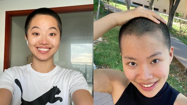 Montage photo montrant deux égoportraits de femmes souriantes aux cheveux rasés.