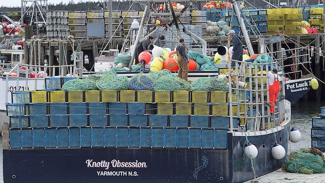 Des pêcheurs sur des bateaux chargés de casiers à homards. Des pêcheurs sur des bateaux chargés de casiers à homards.