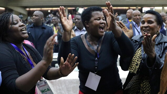 Des délégués de la Zanu-PF célèbrent la destitution de Robert Mugabe.
Des délégués de la Zanu-PF célèbrent la destitution de Robert Mugabe.