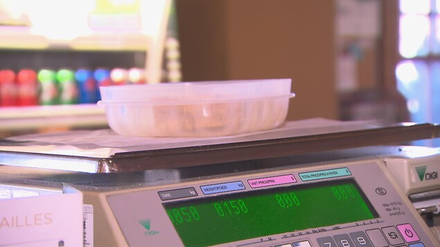 Un plat de plastique dans lequel se trouve un morceau de fromage est installé sur une pesée à aliment.