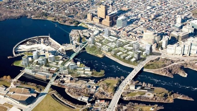 La vue du projet est aérienne et montre les îles Albert et Chaudière et les berges de la rivière des Outaouais à Gatineau. La vue du projet est aérienne et montre les îles Albert et Chaudière et les berges de la rivière des Outaouais à Gatineau.