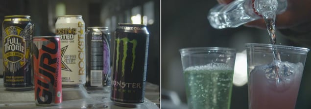 On voit à gauche des canettes de boissons énergisantes et à droite un mélange maison avec de l'alcool versé dans des verres en plastique.