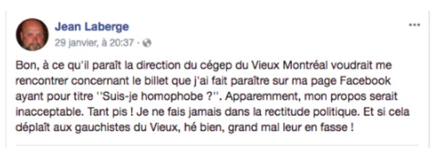 Publication de Jean Laberge sur sa page publique. Publication de Jean Laberge sur sa page publique.