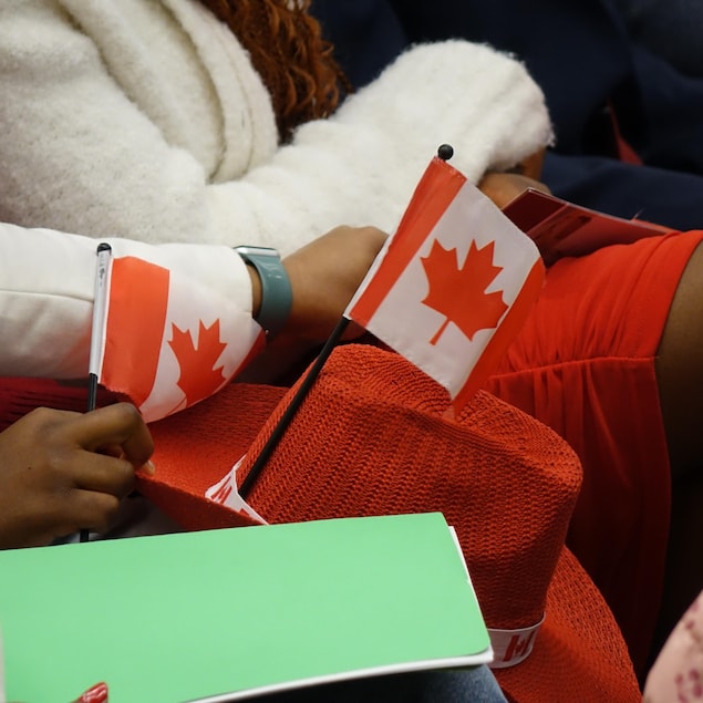 Des personnes tiennent de petits drapeaux canadiens lors d'une cérémonie de citoyenneté à Saskatoon, en Saskatchewan, le 19 mars 2026.