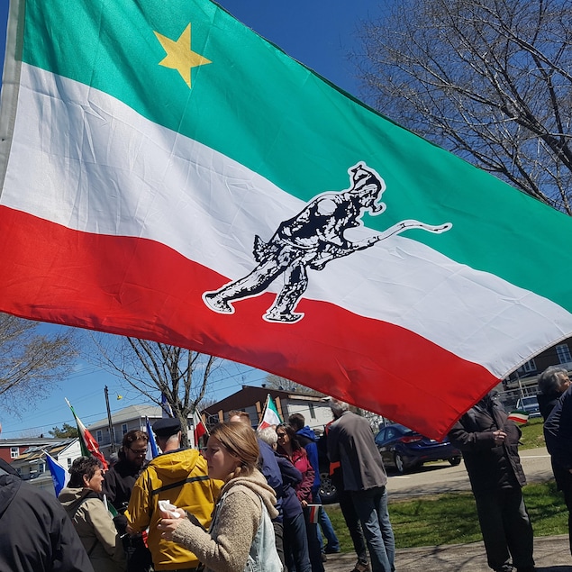 Une dizaine de personnes sont réunies dans un parc. À l'avant-plan, un homme tient un grand drapeau aux couleurs des Patriotes.