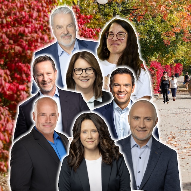 Un collage des huit nouveaux députés de la région de l'Estrie sur un paysage d'automne.