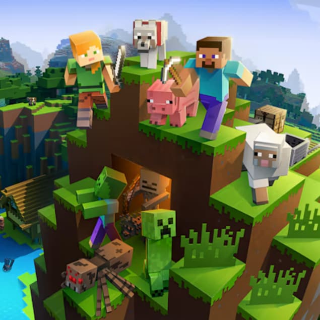 Affiche du jeu Minecraft, qui montre un paysage tout en blocs, avec des personnages et des animaux pixélisés. 