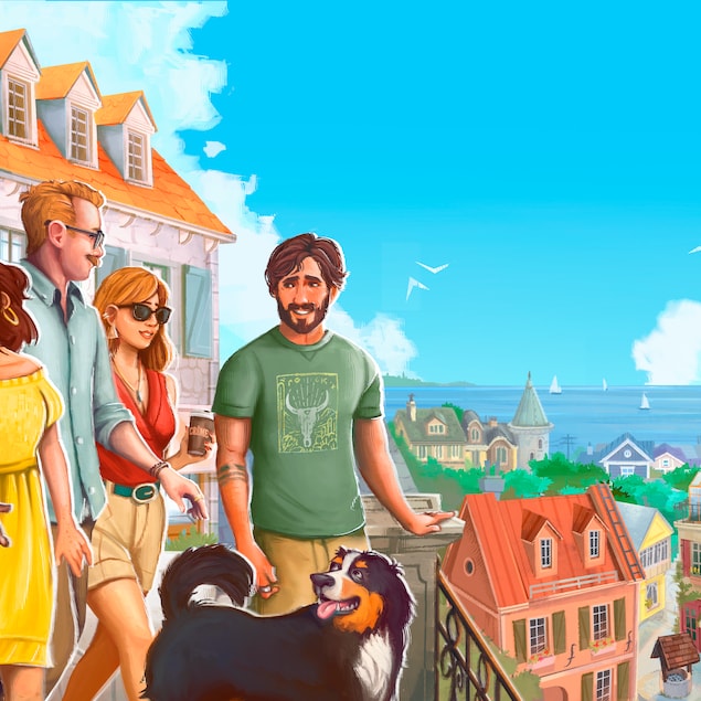 Des personnages de jeux vidéo et un chien devant une ville.