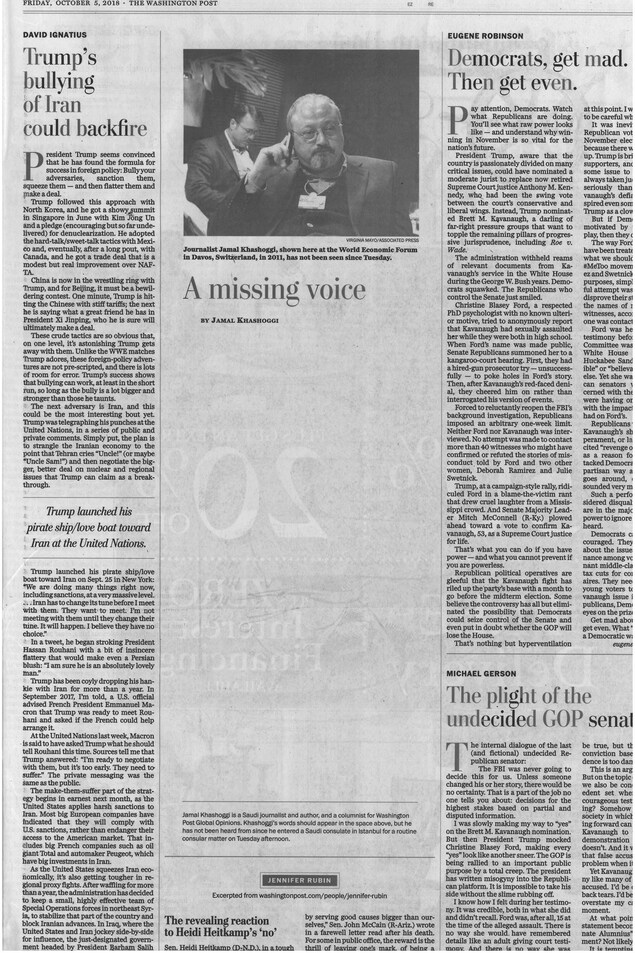Copie du Washington Post où l'on voit l'espace réservé au chroniqueur Jamal Khashoggi vide. Copie du Washington Post où l'on voit l'espace réservé au chroniqueur Jamal Khashoggi vide.