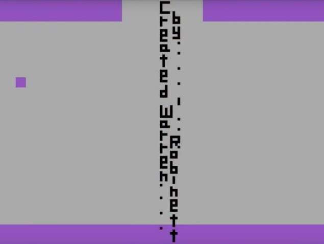 Une capture d'écran du jeu Adventure montrant le message caché « Créé par Warren Robinett ». Une capture d'écran du jeu Adventure montrant le message caché « Créé par Warren Robinett ».