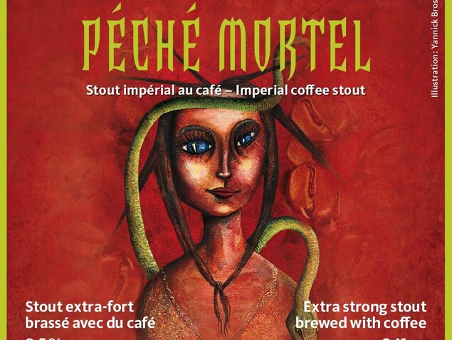 L'étiquette de la bière Péché Mortel, où on voit le dessin du visage d'une femme aux grands yeux et autour de laquelle glisse un serpent vert. L'étiquette de la bière Péché Mortel, où on voit le dessin du visage d'une femme aux grands yeux et autour de laquelle glisse un serpent vert.