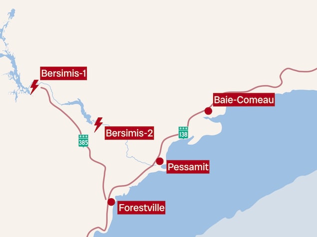 Une carte montre la disposition des barrages Bersimis-1 et 2, par rapport à Pessamit.