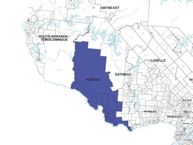 Une carte électorale montrant l'emplacement de la circonscription de Pontiac. Une carte électorale montrant l'emplacement de la circonscription de Pontiac.