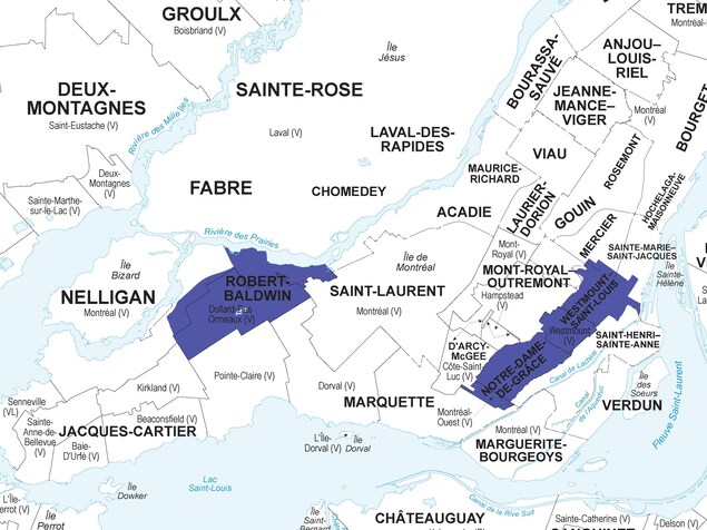 Une carte électorale montrant l'emplacement des circonscriptions de Robert-Baldwin, Westmount-Saint-Louis et Notre-Dame-de-Grâce.
Une carte électorale montrant l'emplacement des circonscriptions de Robert-Baldwin, Westmount-Saint-Louis et Notre-Dame-de-Grâce.