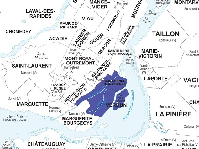 Une carte électorale montrant l'emplacement des circonscriptions de Saint-Henri-Sainte-Anne et de Verdun. Une carte électorale montrant l'emplacement des circonscriptions de Saint-Henri-Sainte-Anne et de Verdun.
