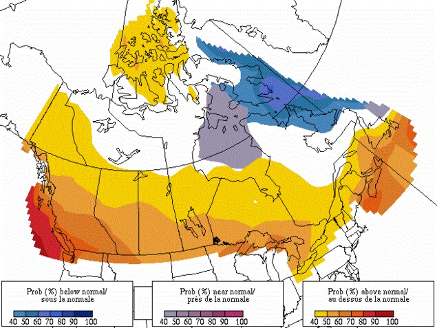 Une carte du Canada montrant que, dans les zones les plus habitées, les températures devraient être très légèrement au-dessus de la normale. Une carte du Canada montrant que, dans les zones les plus habitées, les températures devraient être très légèrement au-dessus de la normale.