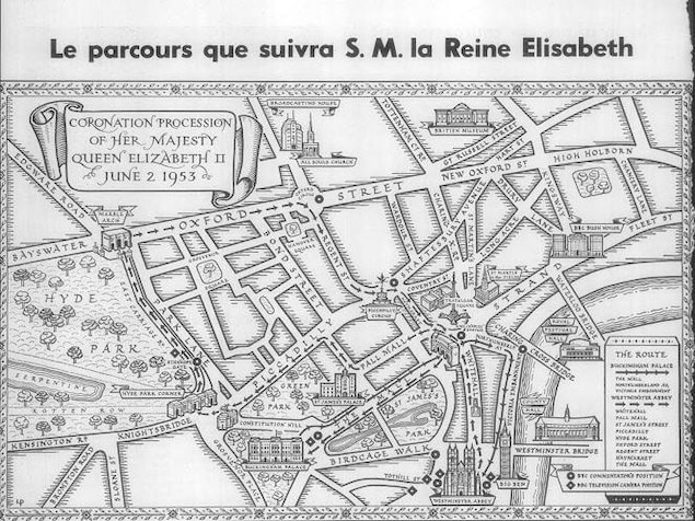 Carte dessinée du centre-ville de Londres montrant le trajet suivi par le cortège royal. La carte illustre un article du magazine hebdomadaire La Semaine à Radio-Canada. Carte dessinée du centre-ville de Londres montrant le trajet suivi par le cortège royal. La carte illustre un article du magazine hebdomadaire La Semaine à Radio-Canada.