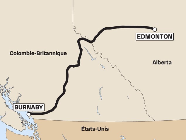 Carte du tracé du projet d'expansion de l'oléoduc Trans Mountain, partant d'Edmonton jusqu'à Burnaby. 