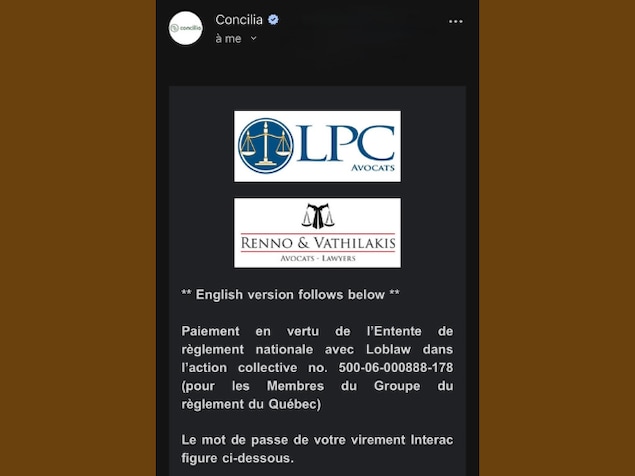 Capture d'écran du courriel envoyé par la firme Concilia, qui administre les remboursements.