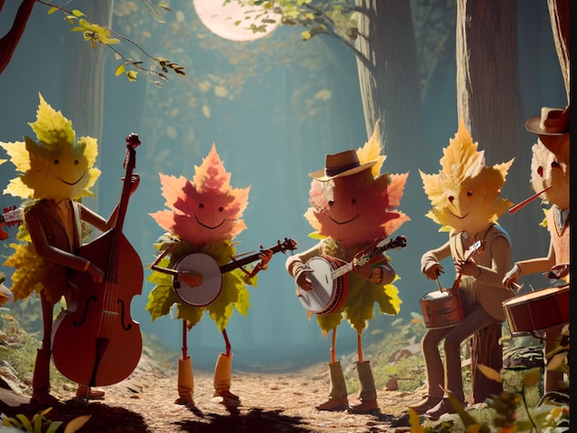 Des personnages en forme de feuilles jouent d'un instrument de musique dans une forêt. 