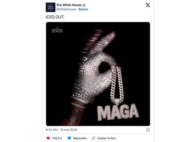 Publication d'une image modifiée de la couverture de l’album Iceman en y ajoutant un bijou à l’effigie du célèbre slogan du président américain, Donald Trump, MAGA.