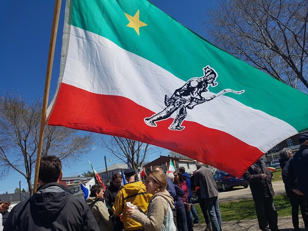 Une dizaine de personnes sont réunies dans un parc. À l'avant-plan, un homme tient un grand drapeau aux couleurs des Patriotes.