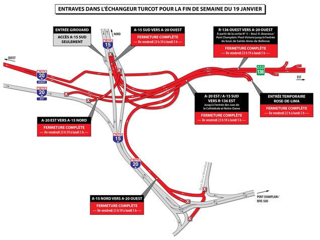 Carte des entraves principales dans l'échangeur Turcot cette fin de semaine. Carte des entraves principales dans l'échangeur Turcot cette fin de semaine.