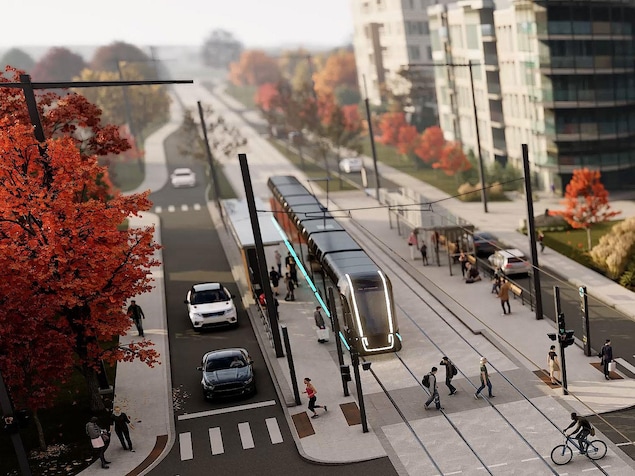 Esquisse montrant le tramway circuler sur le boulevard René-Lévesque, près de l'avenue Painchaud et l'avenue Maguire, en automne.