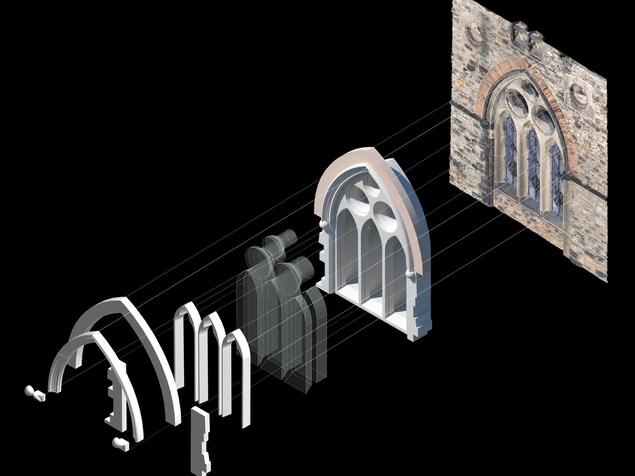 On voit la modélisation numérique en 3D de tous les éléments de la fenêtre de style néo-gothique qui s'imbriquent les uns dans les autres. On voit la modélisation numérique en 3D de tous les éléments de la fenêtre de style néo-gothique qui s'imbriquent les uns dans les autres.