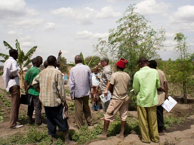 Une dizaine de personnes qui écoutent un formateur à l'extérieur près de quelques arbres. Une dizaine de personnes qui écoutent un formateur à l'extérieur près de quelques arbres.