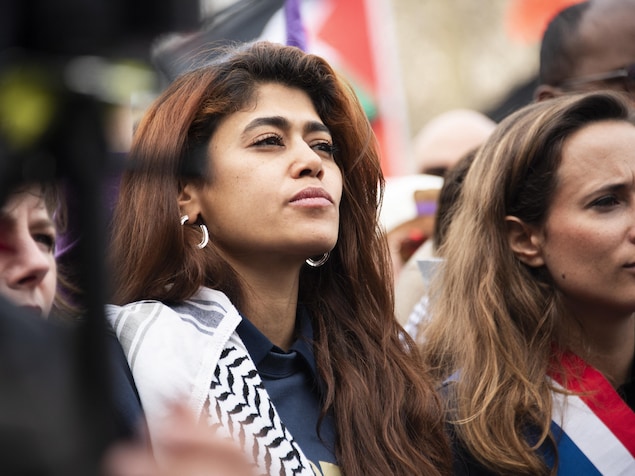 Rima Hassan, Clemence Guette attend a demonstration in Paris on March 22, 2025, as part of the international day against racism and fascism. (Photo by Magali Cohen / Hans Lucas / Hans Lucas via AFP) (Photo by MAGALI COHEN/Hans Lucas/AFP via Getty Images)          