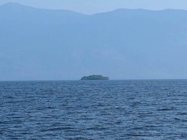 Un amas de terre recouvert d'arbres flotte sur l'eau, au loin.