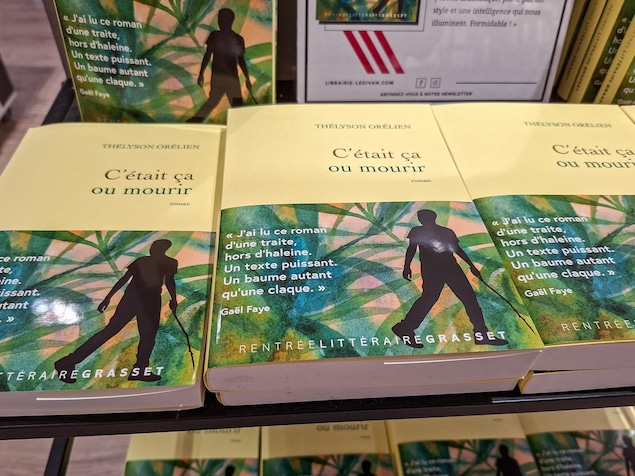 Des exemplaires du roman de Thélyson Orélien sont exposés sur une table de librairie, à Paris.