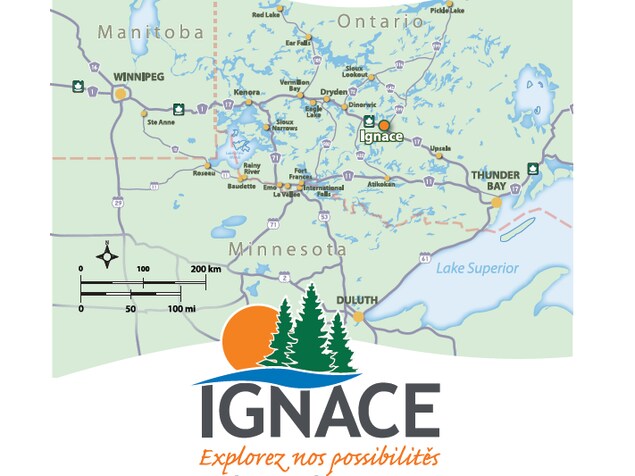 Le logo du Canton d'Ignace avec l'inscription Explorez nos possibilités sous une carte situant la communauté dans le Nord-Ouest de l'Ontario. Le logo du Canton d'Ignace avec l'inscription Explorez nos possibilités sous une carte situant la communauté dans le Nord-Ouest de l'Ontario.
