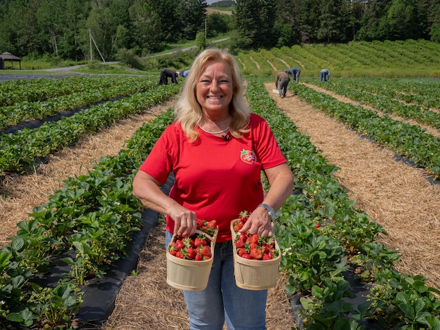 Une femme dans un champ tient dans ses mains deux paniers de fraises.