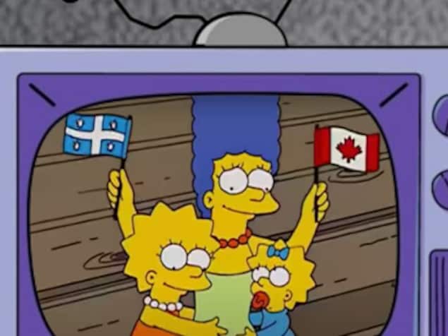 Le personnage de Marge dans la série Les Simpsons tient les drapeaux du Québec et du Canada.